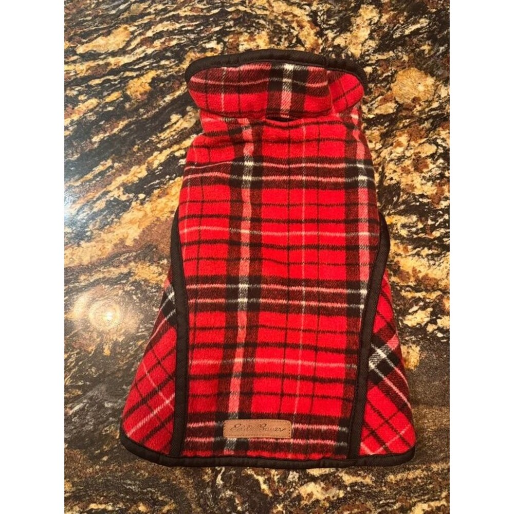 Eddie Bauer Dog Jacket Red Plaid Fleece Pet Coat Approx Medium